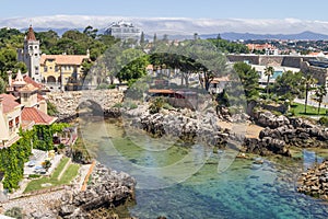 Historic buildings and rock bridge in Cascais