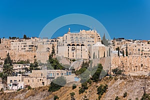 Historic buildings and skylines, and the wall of old city of Jerusalem on the top of Temple mount, View from Mount of Olives