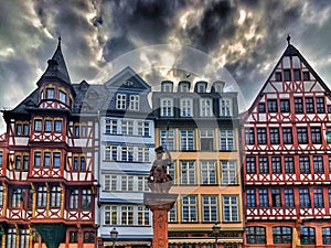 Historic Buildings and Statue in the RÃ¶merberg Plaza of Frankfurt, Germany