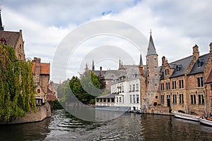 Historic buildings on the water of Rozenhoedkaai, in the old town of Bruges