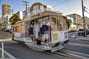 Historic Cable Car Powell Hyde Line on turntable at Powell Street terminal at Market Street in downtown San Francisco, California