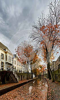 Historic canal in the city center of Utrecht in the netherlands during fall with leaves covering the ground