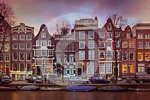 Historic Canal houses on the Brouwersgracht in Amsterdam in vintage toning