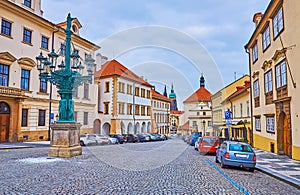 Historic Candelabra gaslight lamppost on Loretanska Street, Prague, Czech Republic