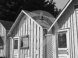 Historic Cannery Row Worker Shacks in Black and White photo