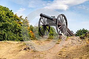 Historic cannon on a medieval castle hill in Swietokrzyskie Mountains in Poland