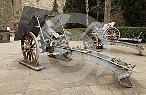 Historic cannons in pubblic park `La Rocca` Bergamo.