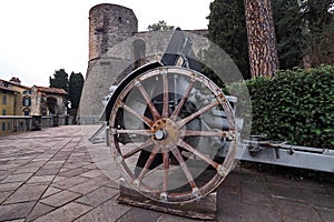 Historic cannons in pubblic park `La Rocca` Bergamo.