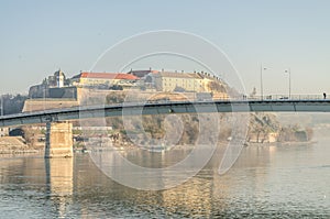 Historic castle building and the Varadin Bridge over the River Danube in Novi Sad, Serbia