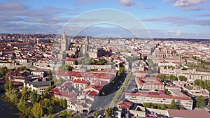 Historic cathedral elevated over big city of Salamanca, Spain