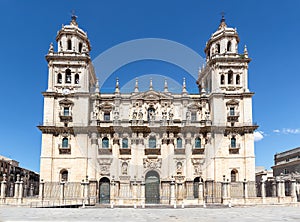 The historic cathedral in Jaen, Spain. View of main facade of Saint Mary square plaza de Santa Maria