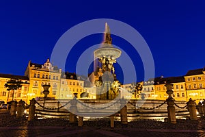 Historic center of Ceske Budejovice at night, Budweis, Budvar, South Bohemia, Czech Republic.