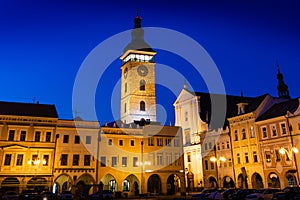 Historic center of Ceske Budejovice at night, Budweis, Budvar, South Bohemia, Czech Republic.