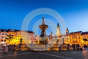 Historic center of Ceske Budejovice at night, Budweis, Budvar, South Bohemia, Czech Republic.