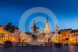 Historic center of Ceske Budejovice at night, Budweis, Budvar, South Bohemia, Czech Republic.