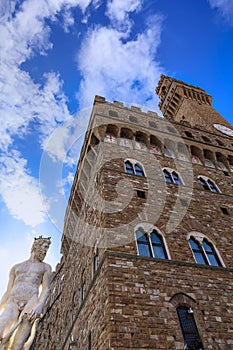 Historic center in Florence, Italy: the Palazzo Vecchio with Arnolfo\'s Tower from the Piazza della Signoria.