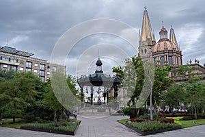 Historic Center of Guadalajara, its kiosk and in the background the Cathedral of Guadalajara Mexico.
