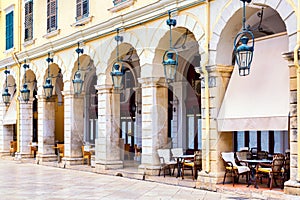 The historic center with Liston Square of Corfu or Kerkyra town, Greece
