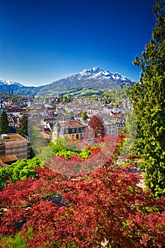 Historic center of Lucerne with famous Pilatus mountain and Swiss Alps, Luzern, Switzerland