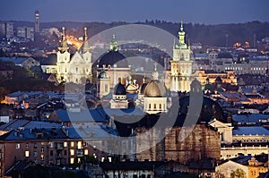 Historic center of Lvov city at night close up