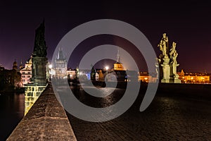 The historic center of Prague, the Charles Bridge night panorama.