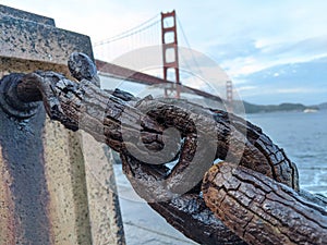 The historic chains on the shore of the Golden Gate Bridge in San Francisco, California, USA