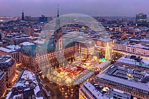 Historic Christmas market on Rathausmarkt in downtown Hamburg, Germany.