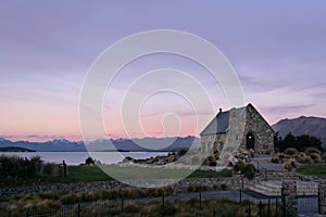 Historic Church of the Good Shepherd with amazing sunset landscape. Lake Tekapo, New Zealand