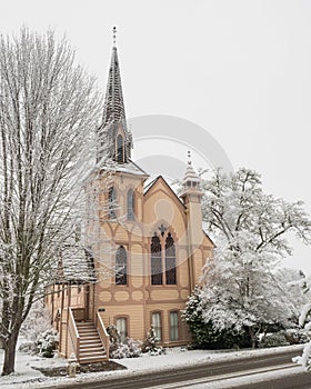 Historic church with snow