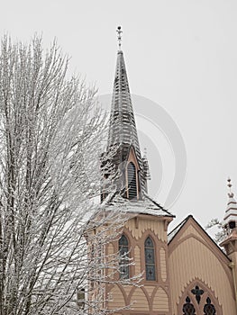 Historic church with snow