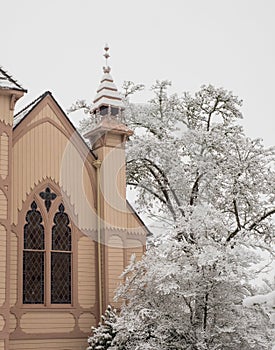 Historic church with snow