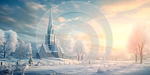 historic church with a tall steeple, nestled amidst a snowy landscape, as soft morning light bathes it in a gentle glow