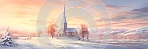 historic church with a tall steeple, nestled amidst a snowy landscape, as soft morning light bathes it in a gentle glow