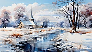 historic church with a tall steeple, nestled amidst a snowy landscape, as soft morning light bathes it in a gentle glow