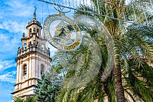 Historic Church Tower and Christmas Decor in Pego, Spain