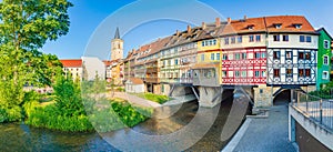 Historic city center of Erfurt with famous KrÃÂ¤merbrÃÂ¼cke bridge at sunset, ThÃÂ¼ringen, Germany