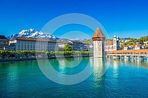 Historic city center of Lucerne with famous Chapel Bridge and lake Lucerne