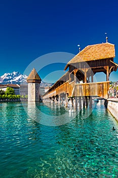 Historic city center of Lucerne with famous Pilatus mountain and Swiss Alps, Luzern, Switzerland