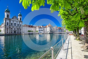 Historic city center of Lucerne with Jesuit church and lake Lucerne, Switzerland