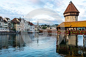 Historic city center of Lucerne with famous Chapel Bridge in Switzerland