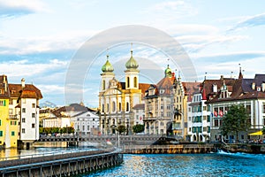 Historic city center of Lucerne with famous Chapel Bridge in Switzerland
