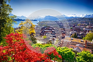 Historic city center of Lucerne and Swiss Alps