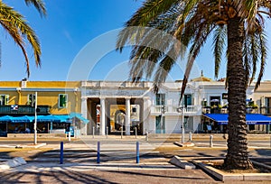 Historic city gate at Quai des Etats Unis avenue, facing Prom des Anglais boulevard along Nice beach on French Riviera in France