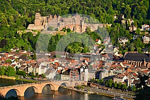 The historic city of Heidelberg with the castle, the Old Bridge, river Neckar and the Bridge Gate. Germany