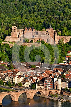 The historic city of Heidelberg with the castle, the Old Bridge, river Neckar and the Bridge Gate. Germany