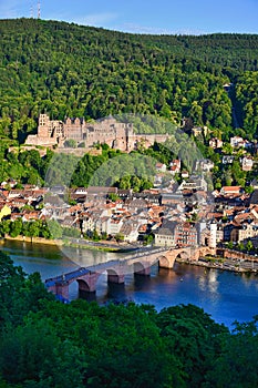 The historic city of Heidelberg with the castle, the Old Bridge, river Neckar and the Bridge Gate. Germany