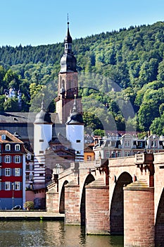 The historic city of Heidelberg with the Old Bridge, river Neckar and the Bridge Gate. Germany