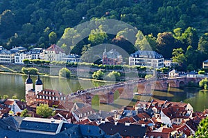 The historic city of Heidelberg with the Old Bridge, river Neckar and the Bridge Gate. Germany