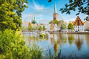 Historic city of Luebeck with Trave river in summer, Schleswig-Holstein, Germany