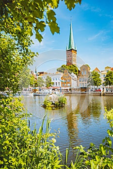 Historic city of Luebeck with Trave river in summer, Schleswig-Holstein, Germany